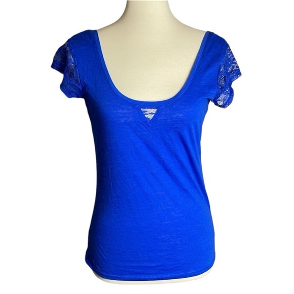 NWT Derek Heart Blue Shirt with Short Lace Sleeves - Size Large - Picture 1 of 13